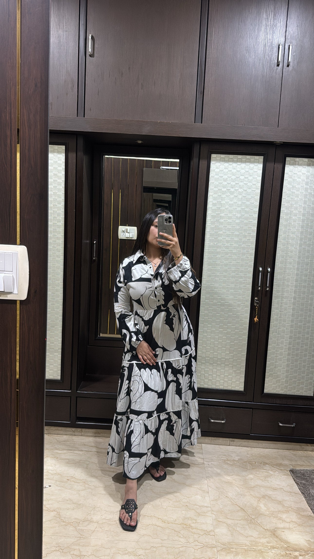 Monochrome Bloom Maxi Shirt Dress