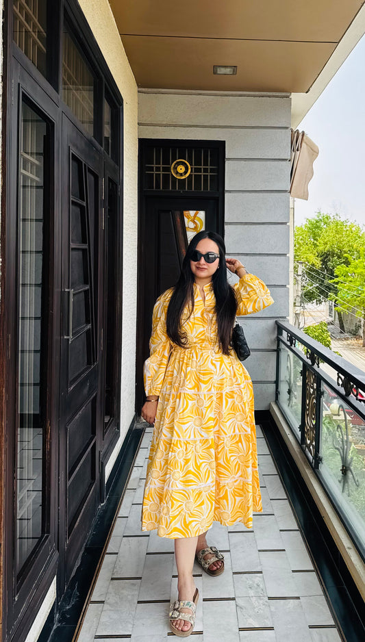 Sunshine Yellow Floral Midi Dress